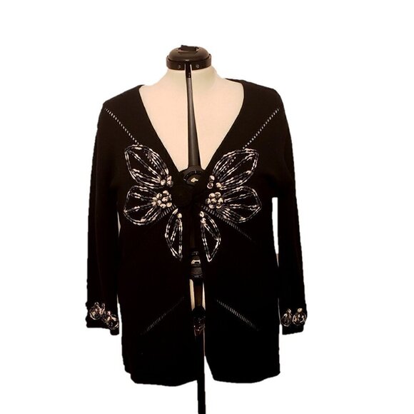 Monterey Bay Sweaters - Monterey Bay Black & White Butterfly One Snap Closure Cardigan/Sweater, Size XL